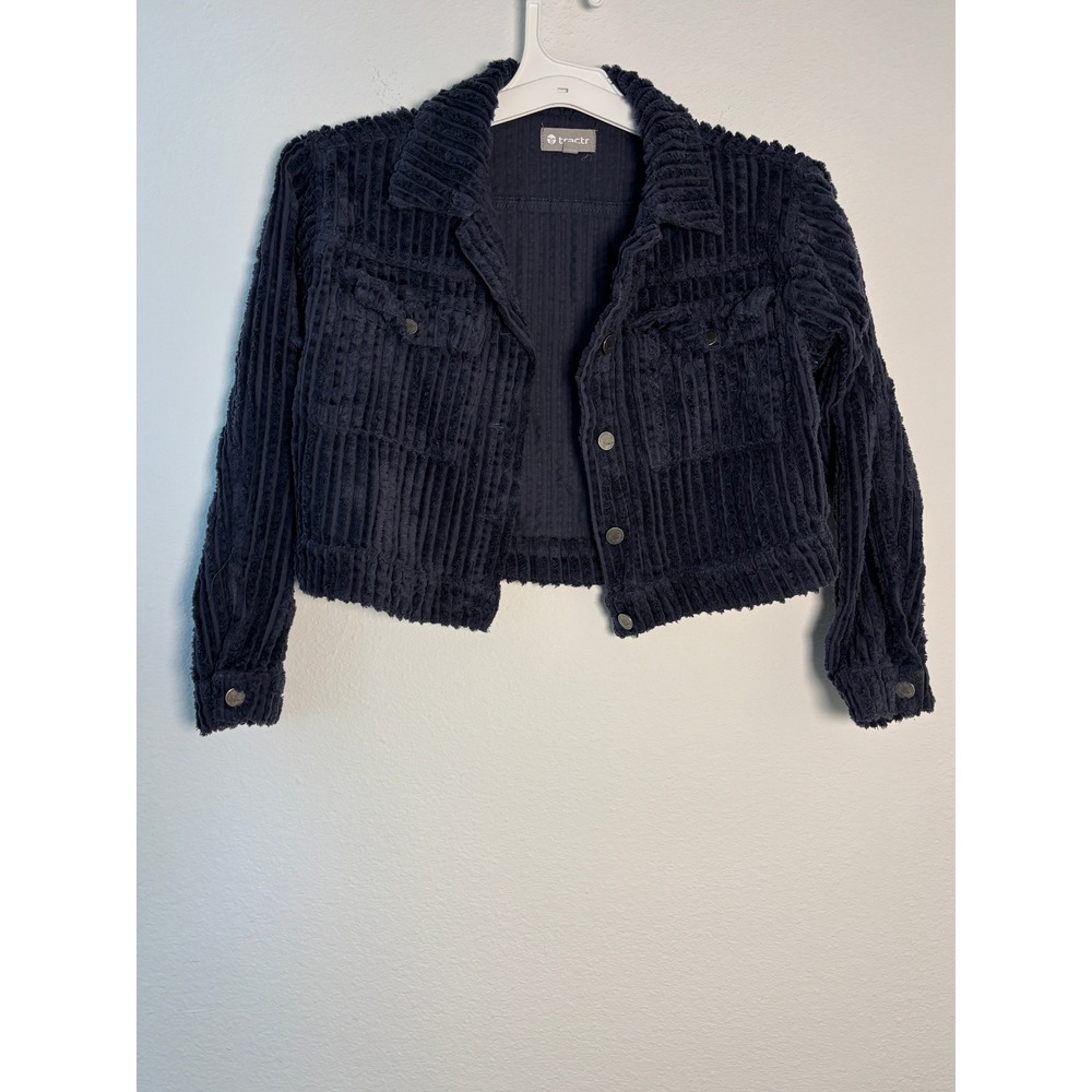 Tractr‎ Navy Blue Fuzzy Wide Wale Corduroy Cropped Trucker Jacket Womens Medium